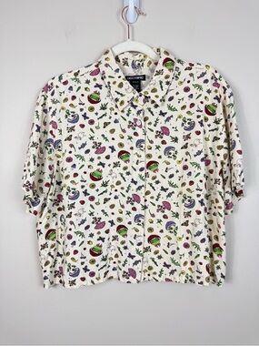 Hot Topic Top Womens 0 XS Mushroom Frog Crop Button Up Flower Collared Emo Bug